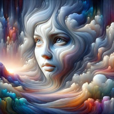 The primary subject of the image is a woman's face, which is the main focus of the scene. The setting is a cloudy sky, with the woman's face positioned in the middle of the frame. The visual style of the image is digital art, as it is a highly detailed and intricate illustration. The colors and mood of the image are predominantly blue and purple, creating a serene and dreamy atmosphere.